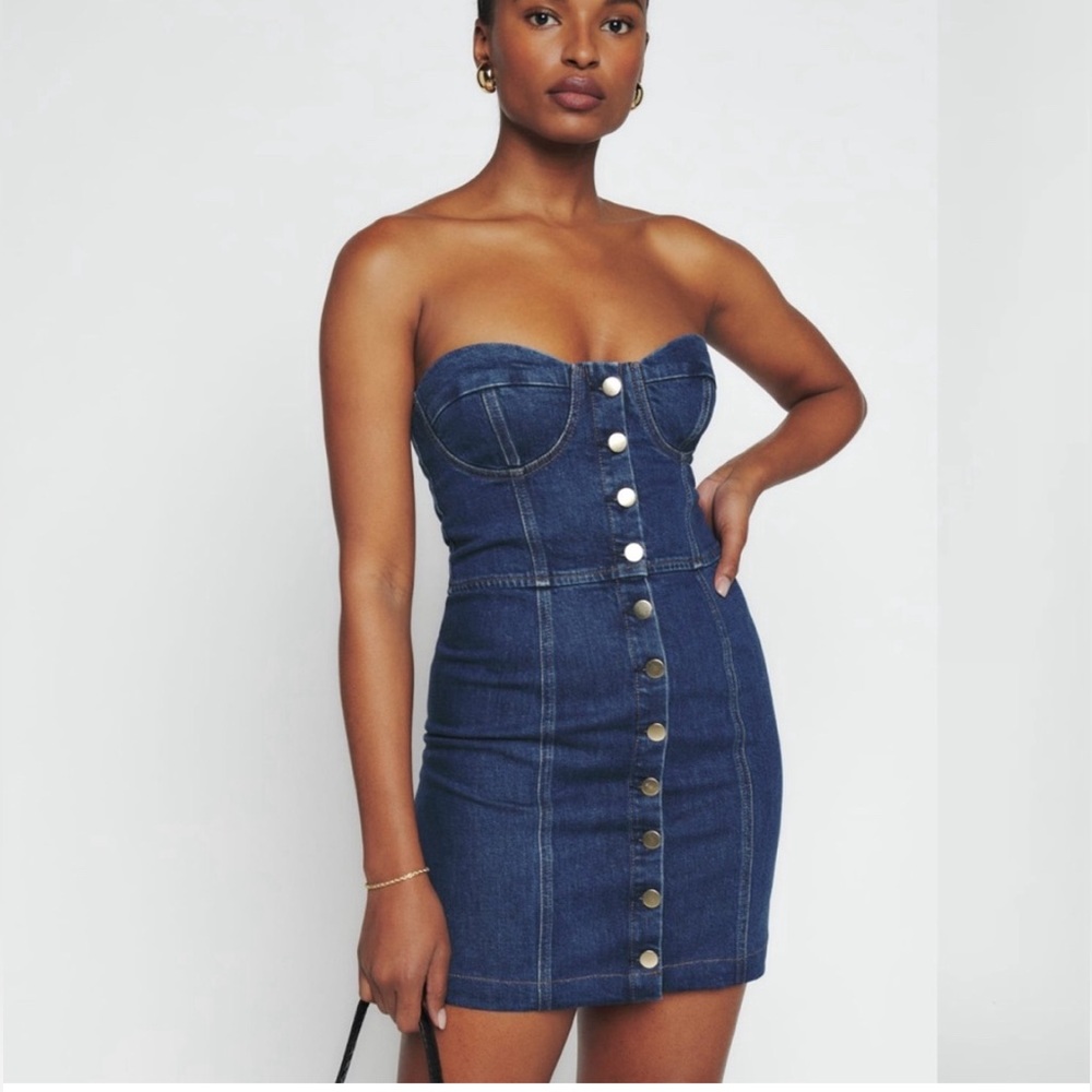 Reformation Nikki Strapless Bustier Denim Mini Dress-TULITA-00